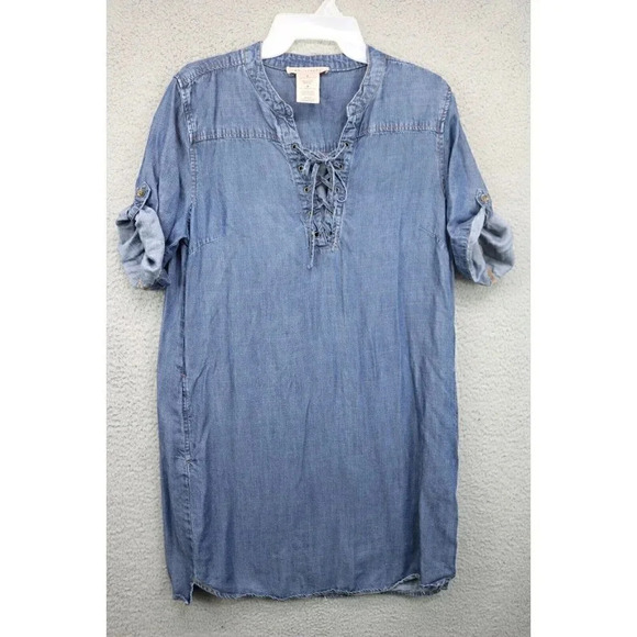 Philosophy-100% Tencel Shirt Dress-Darkwash-Medium-Pockets-Lace Up - Picture 1 of 8